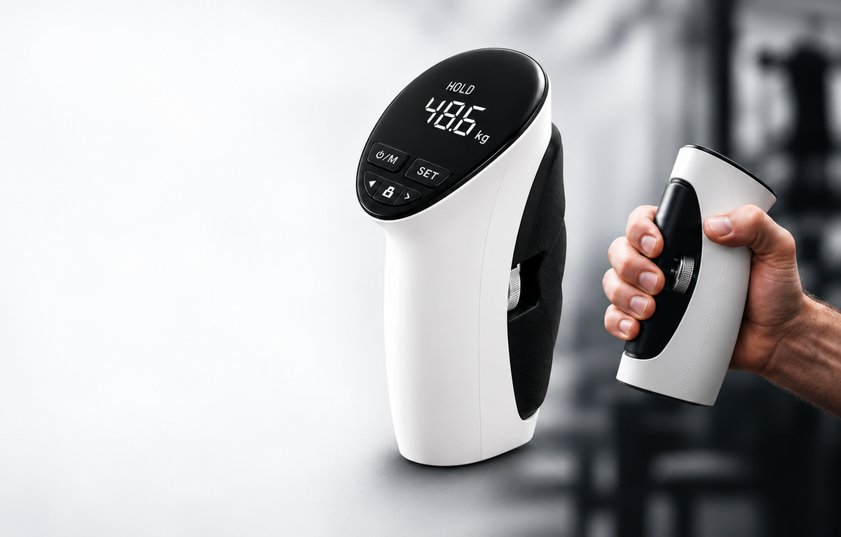 Digital hand grip strength tester and a hand holding the adjustable grip