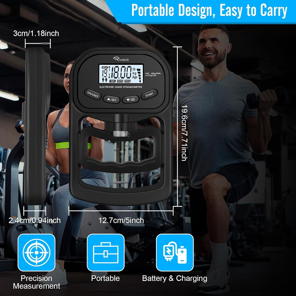 Grip Strength Tester, 396Lbs/180Kg Rechargeable Exerciser Meter Digital Hand Dynamometer Grip Strength Trainer Electronic Hand Grip Strengthener with LCD Display for Sport Home School Use
