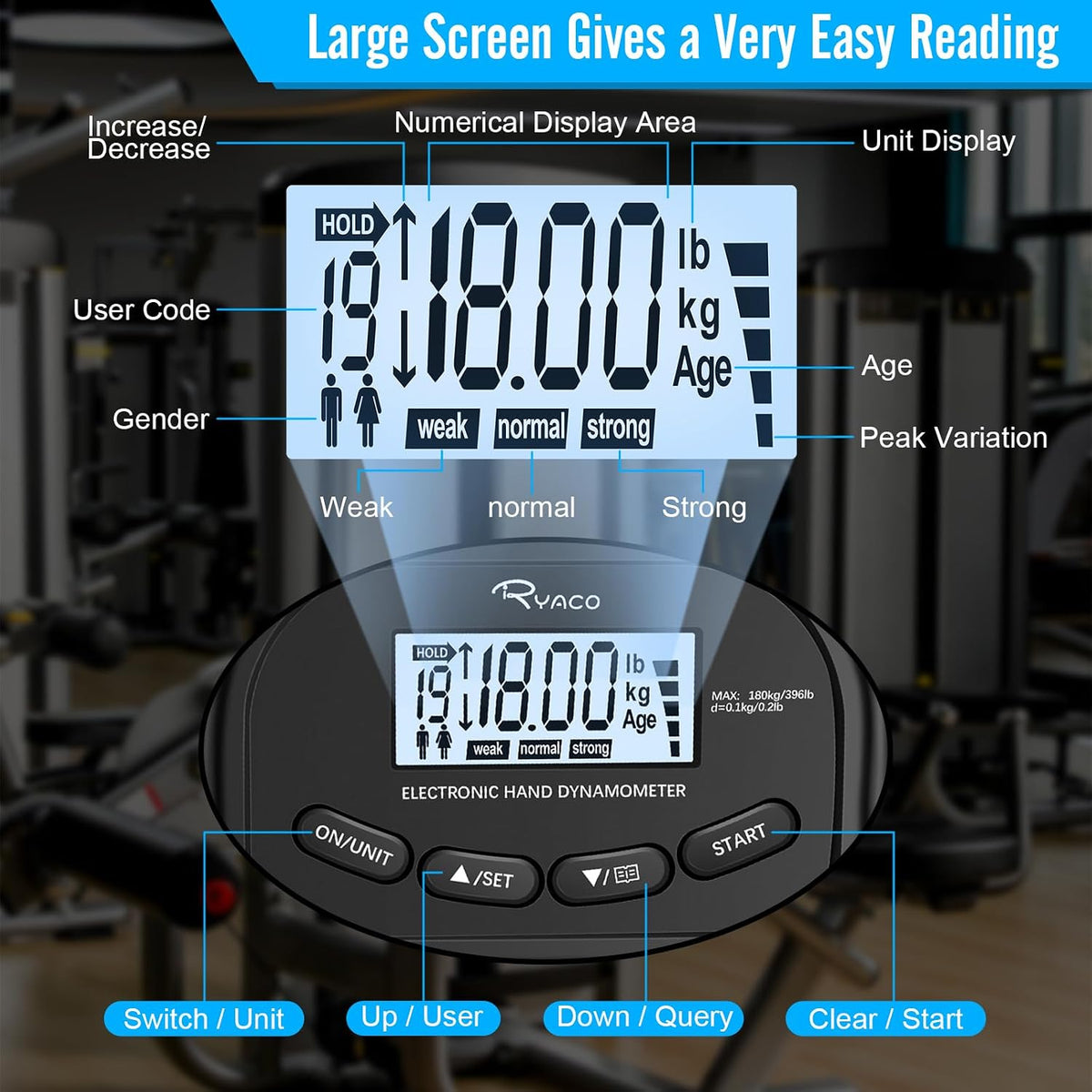Grip Strength Tester, 396Lbs/180Kg Rechargeable Exerciser Meter Digital Hand Dynamometer Grip Strength Trainer Electronic Hand Grip Strengthener with LCD Display for Sport Home School Use
