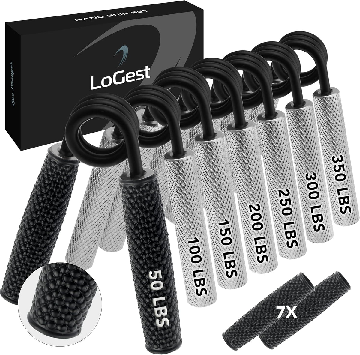 7 Pack  Metal Hand Grip Set, 50LB-350LB 7 Levels No Slip Heavy-Duty Grip Strengthener with Gift Box, Great Wrist & Forearm Hand Exerciser, Home Gym, Hand Gripper Grip Strength Trainer