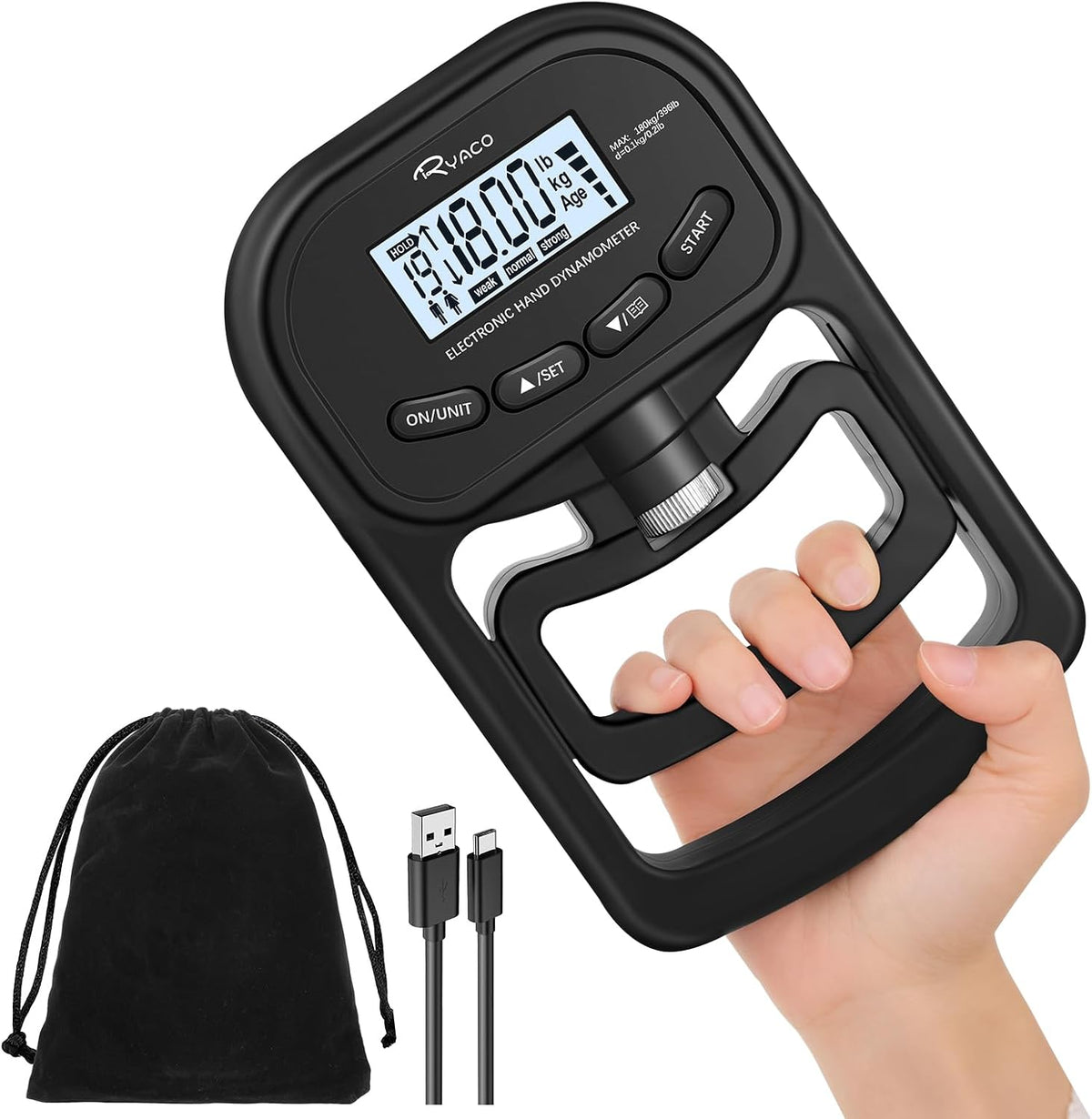 Grip Strength Tester, 396Lbs/180Kg Rechargeable Exerciser Meter Digital Hand Dynamometer Grip Strength Trainer Electronic Hand Grip Strengthener with LCD Display for Sport Home School Use