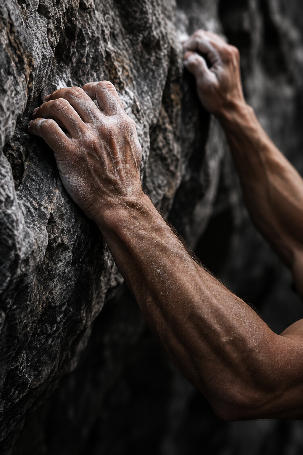 Chalked hands gripping rock